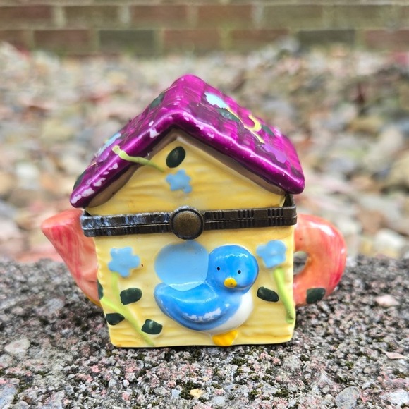 Other - Vintage‎ Trinket Box Ceramic Teapot Birdhouse Bluebird Purple Flowers